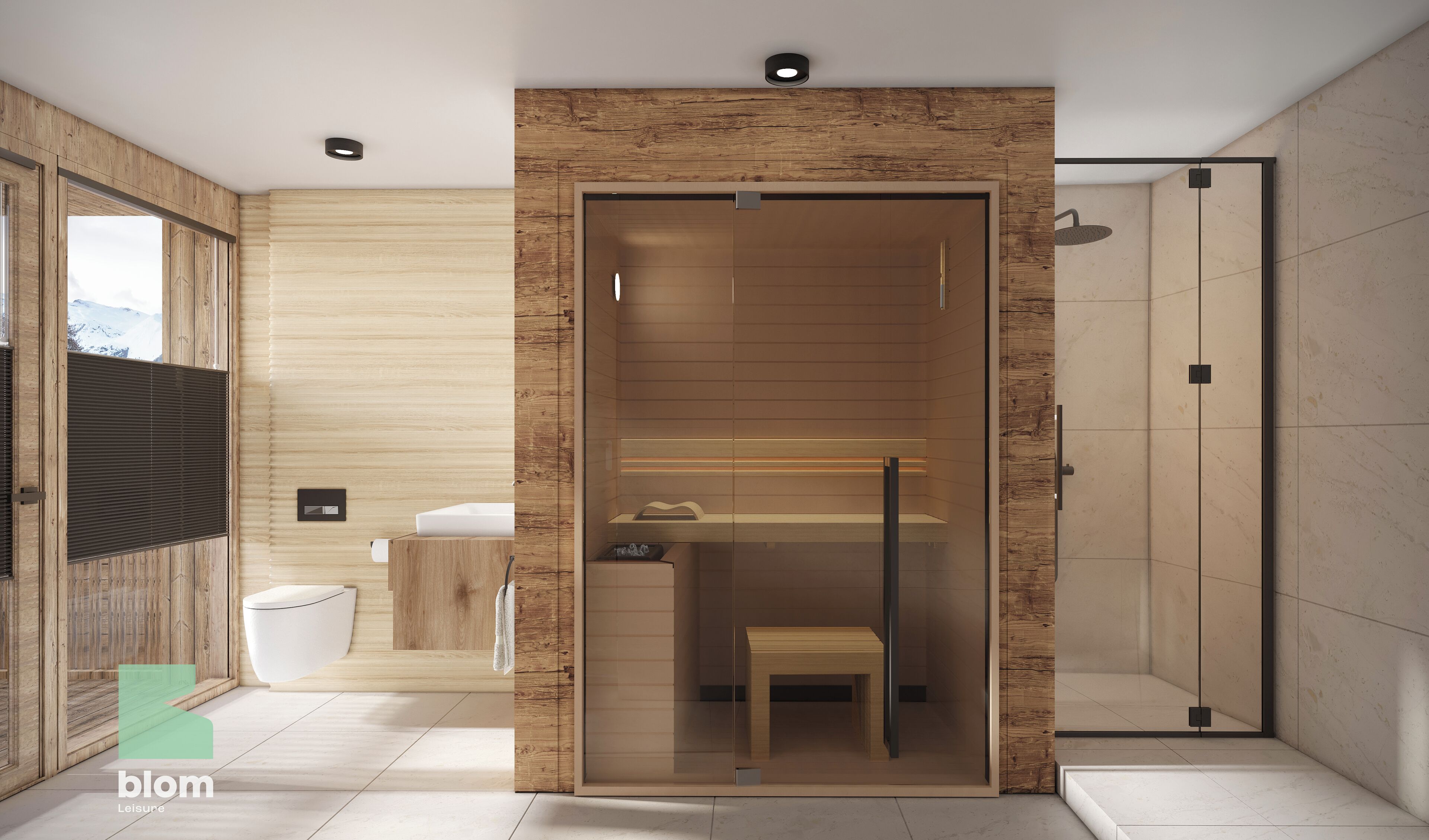 A modern bathroom with a wooden vanity, a toilet, and a shower area.