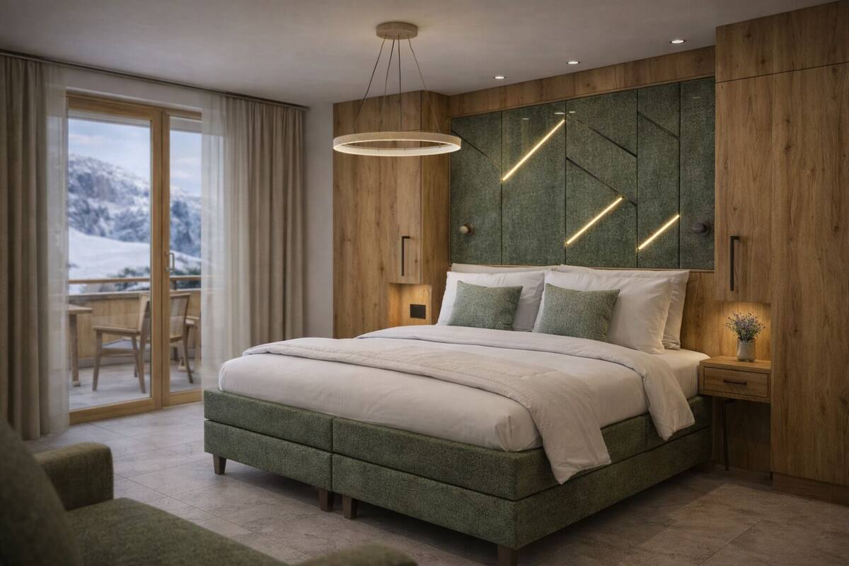 Quarto moderno com cama grande, painéis de madeira, vista para montanhas e uma varanda.