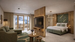 A modern hotel room with a large bed, a sofa, a TV, and a balcony with a mountain view.