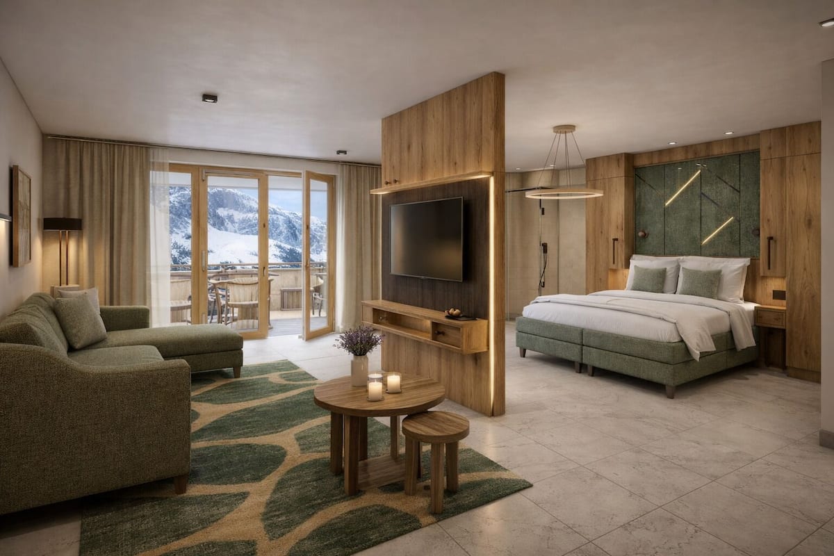 Quarto de hotel moderno com uma cama grande, um sofá, uma TV e uma varanda com vista para as montanhas.