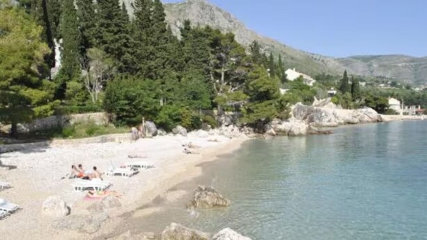 Ein Strand mit klarem Wasser, felsigem Ufer und Bäumen.
