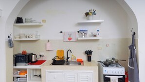 Une cuisine compacte équipée d’une cuisinière, d’un évier et de divers appareils électroménagers. Des étagères au-dessus du plan de travail servent à ranger la vaisselle, et une petite plante en pot y est également posée.