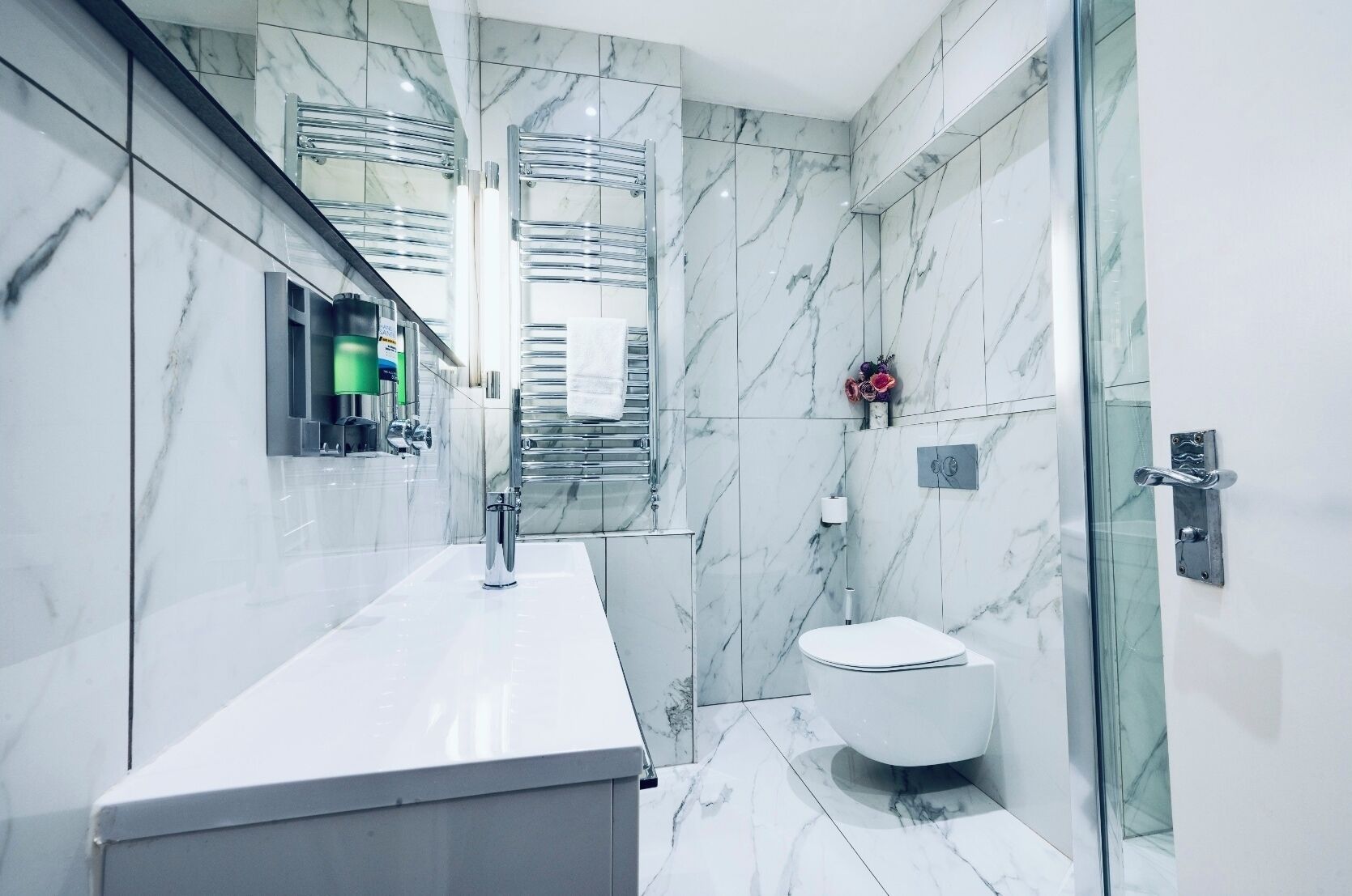 Hair dryer, towels, soap, toilet paper