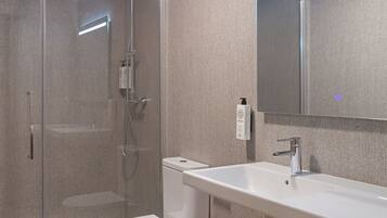 A modern bathroom with a glass-enclosed shower, a white toilet, and a large mirror above a white sink.