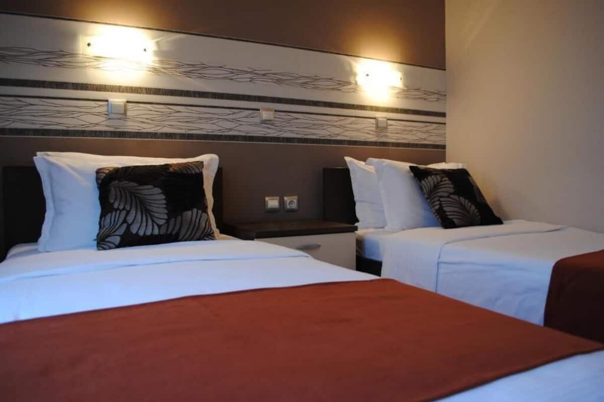 Une chambre d’hôtel avec deux lits, chacun recouvert d’une couvre-lit blanche et d’une couverture marron. Des lampes murales sont fixées au-dessus des lits, et un panneau décoratif orne le mur entre les deux.