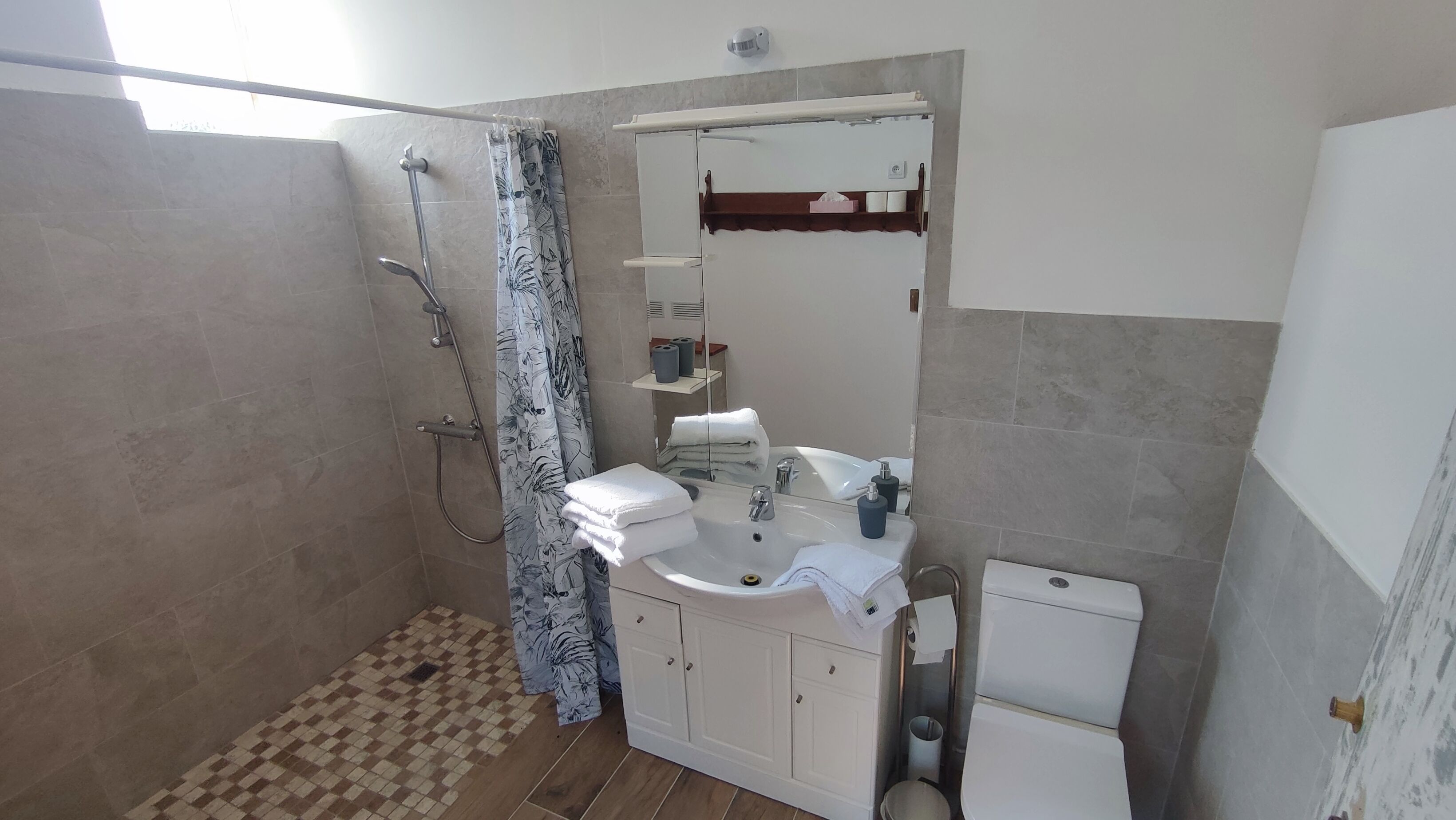 Shower, hair dryer, towels, toilet paper