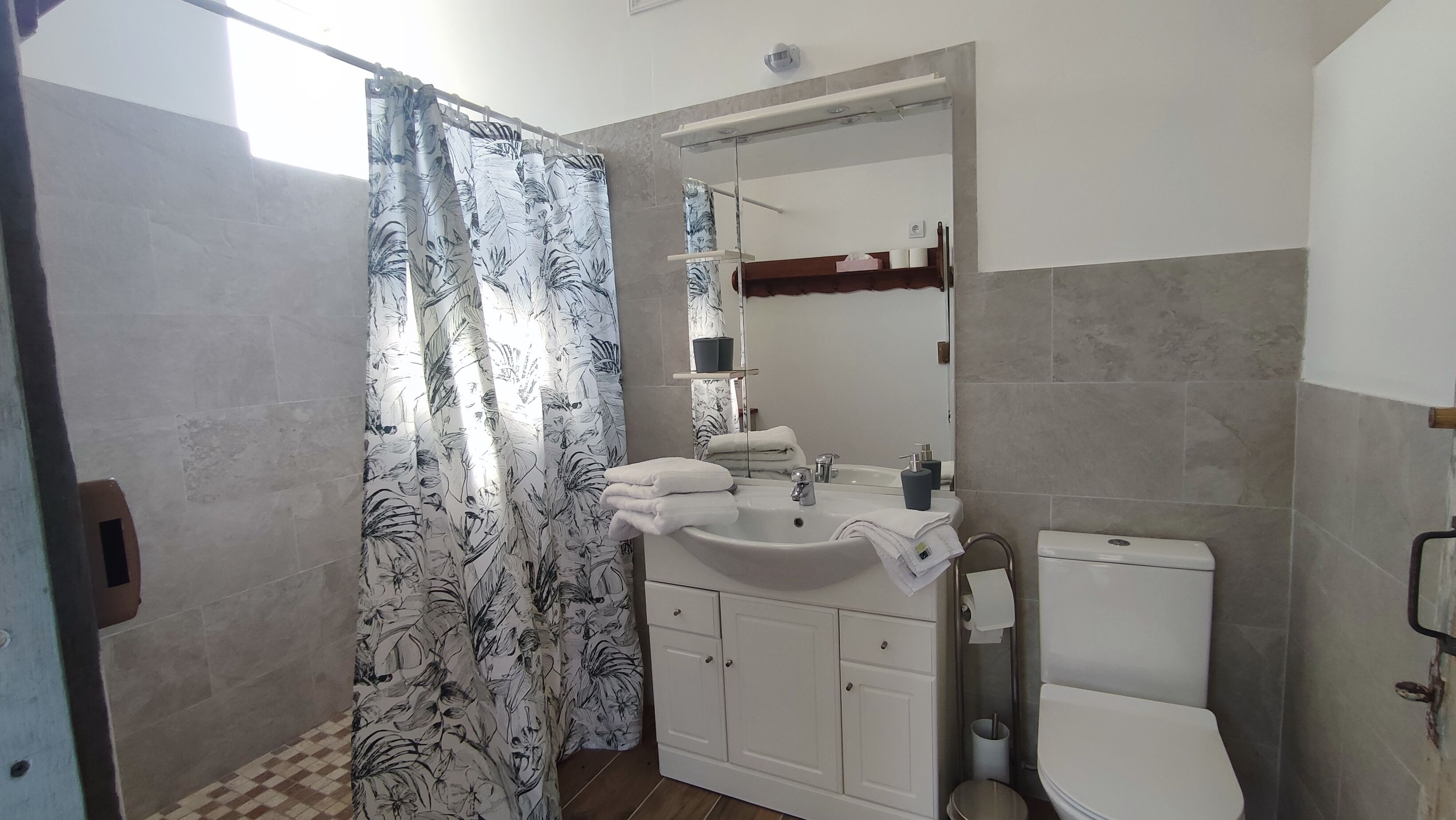 Shower, hair dryer, towels, toilet paper