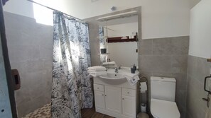 Regadera, secadora de cabello, toallas, papel de baño