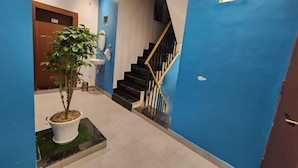 A hallway with blue walls, a potted plant, a sink, and a staircase. - The Trishul Stay (Varanasi)