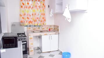 Apartamento Deluxe | Cocina privada | Frigorífico pequeño, microondas y utensilios de cocina