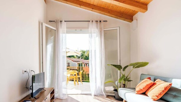 Une pièce moderne avec un plafond en bois, un téléviseur posé sur un meuble en bois, un canapé avec des coussins orange et une plante en pot.