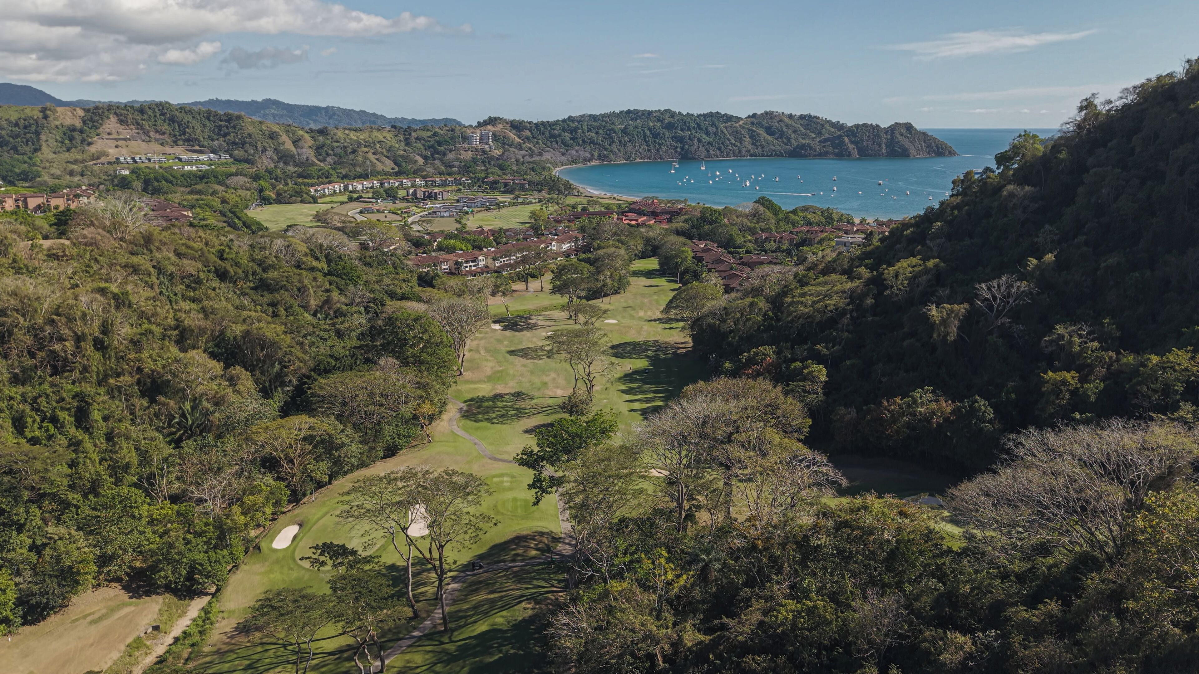 Campo de golf con vistas a la costa y una masa de agua.