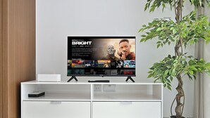 Ein Flachbildfernseher auf einem weißen TV-Schrank, daneben eine Pflanze.