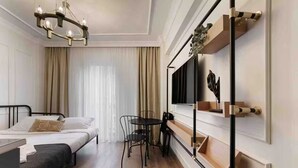 A hotel room with a bed, bedside table, chair, TV, and a decorative wall unit. - Daphne Pera; Jasmin Apart, City Center (Beyoglu)
