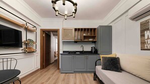 A compact living space with a kitchenette, a dining area, and a sofa. - Daphne Pera ; Sakura Apart, City Center (Beyoglu)