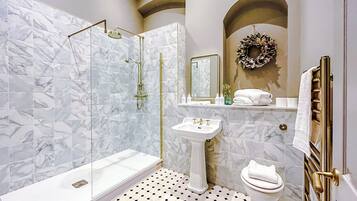 Shower, hair dryer, shampoo