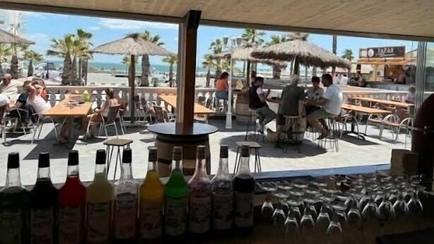 An outdoor dining area with tables and chairs, a bar with bottles, and a view of the beach and palm trees. - Front-line studio cabin (Fleury)