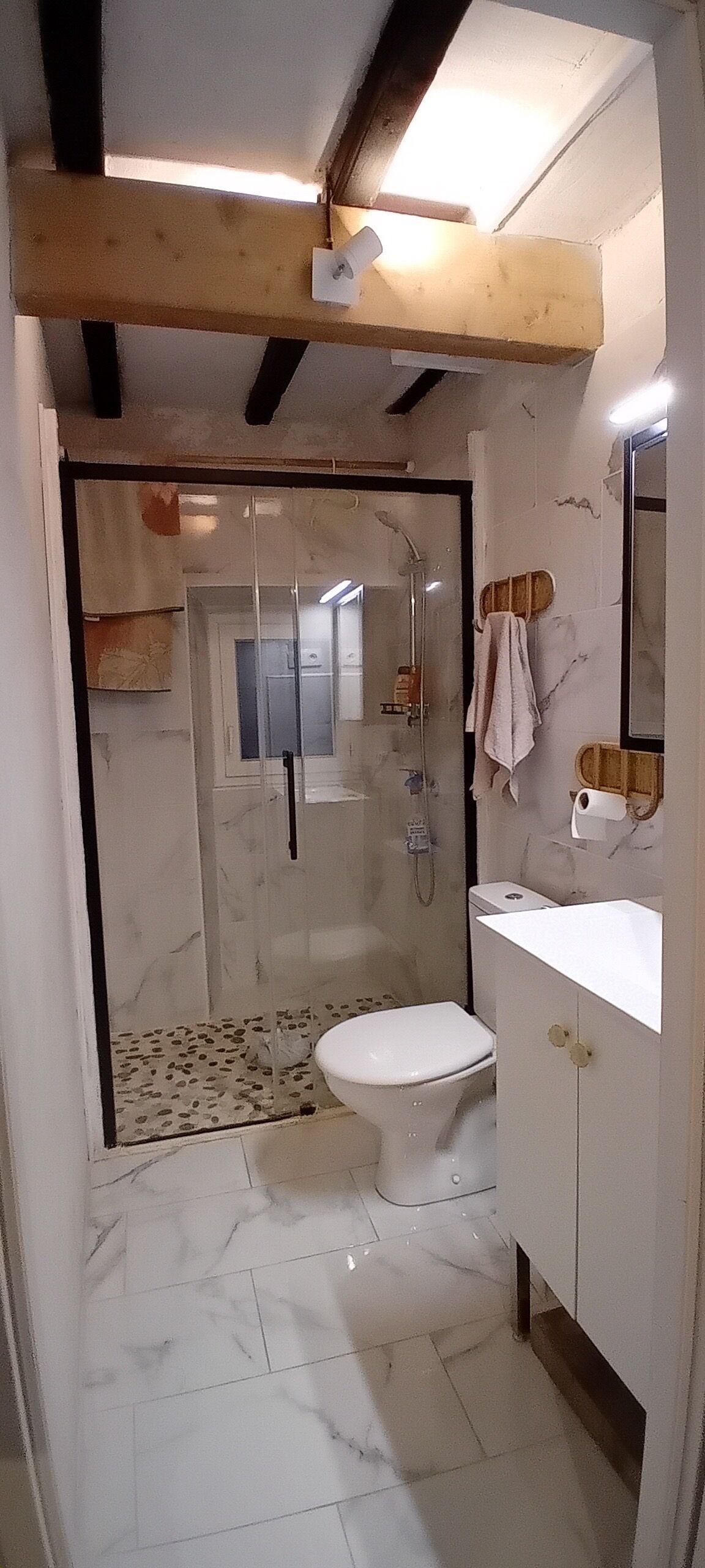 Douche, séchoir à cheveux, serviettes fournies, savon