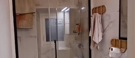 Douche, séchoir à cheveux, serviettes fournies, savon