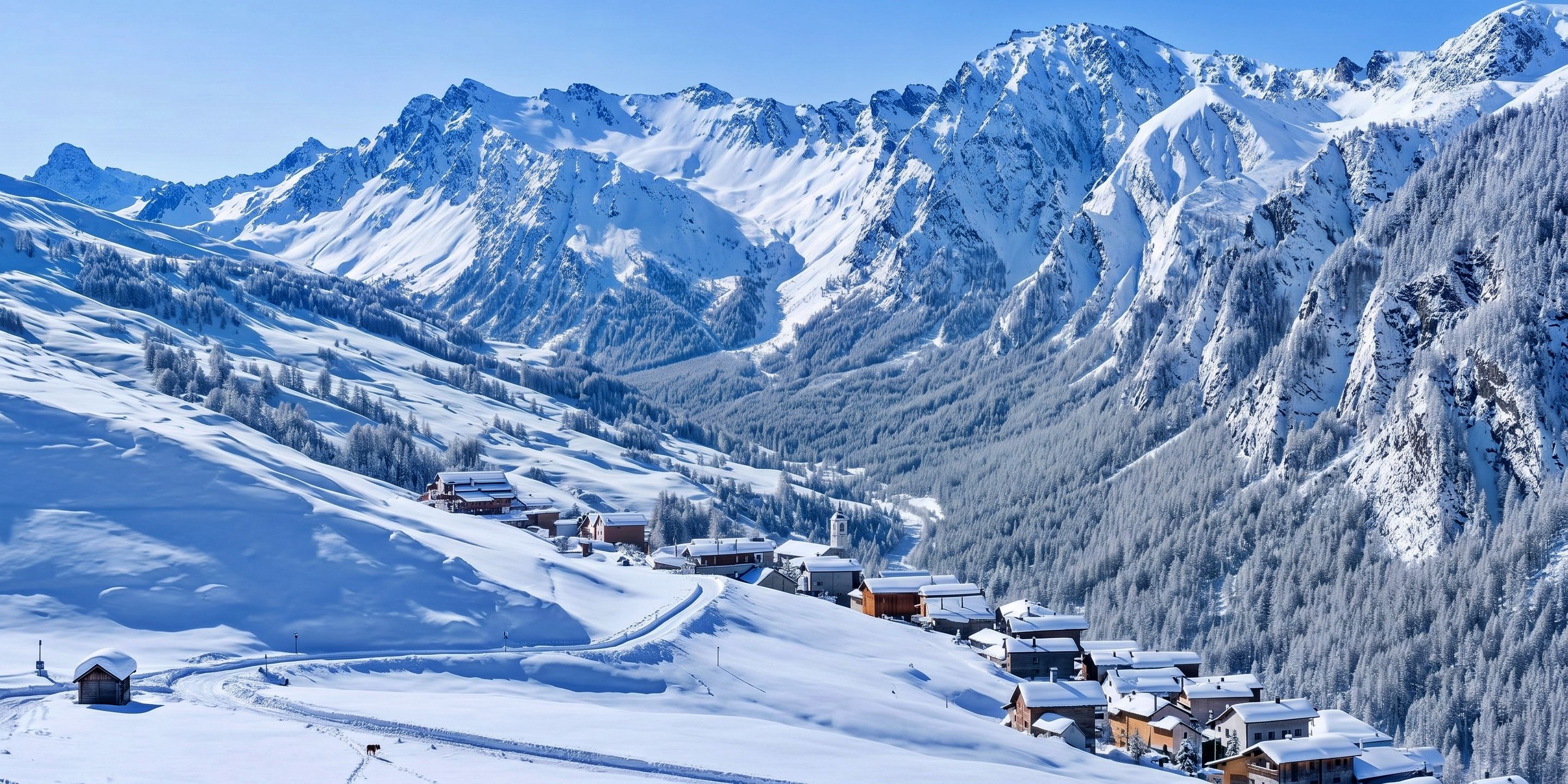A snow-covered mountain village with traditional wooden houses, a winding road, and a clear blue sky.