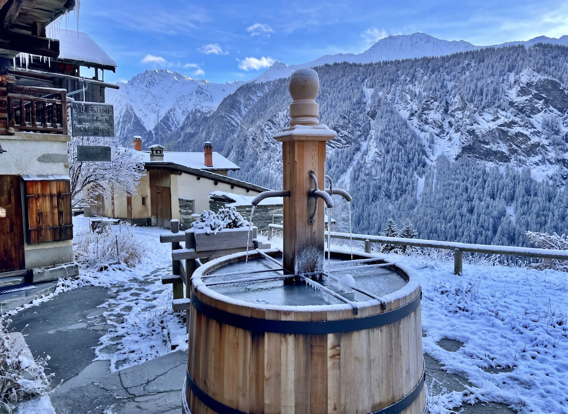 A wooden barrel water fountain in a snowy outdoor setting with a mountain backdrop.
