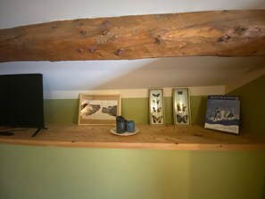 Ein Holzregal mit gerahmten Schmetterlingsbildern, einem Buch mit dem Titel 'QUEY'RACINESE' und einem schwarzen Gegenstand an einer grünen Wand.
