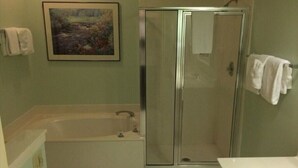Un baño con ducha envuelta en vidrio, una bañera y un lavamanos.