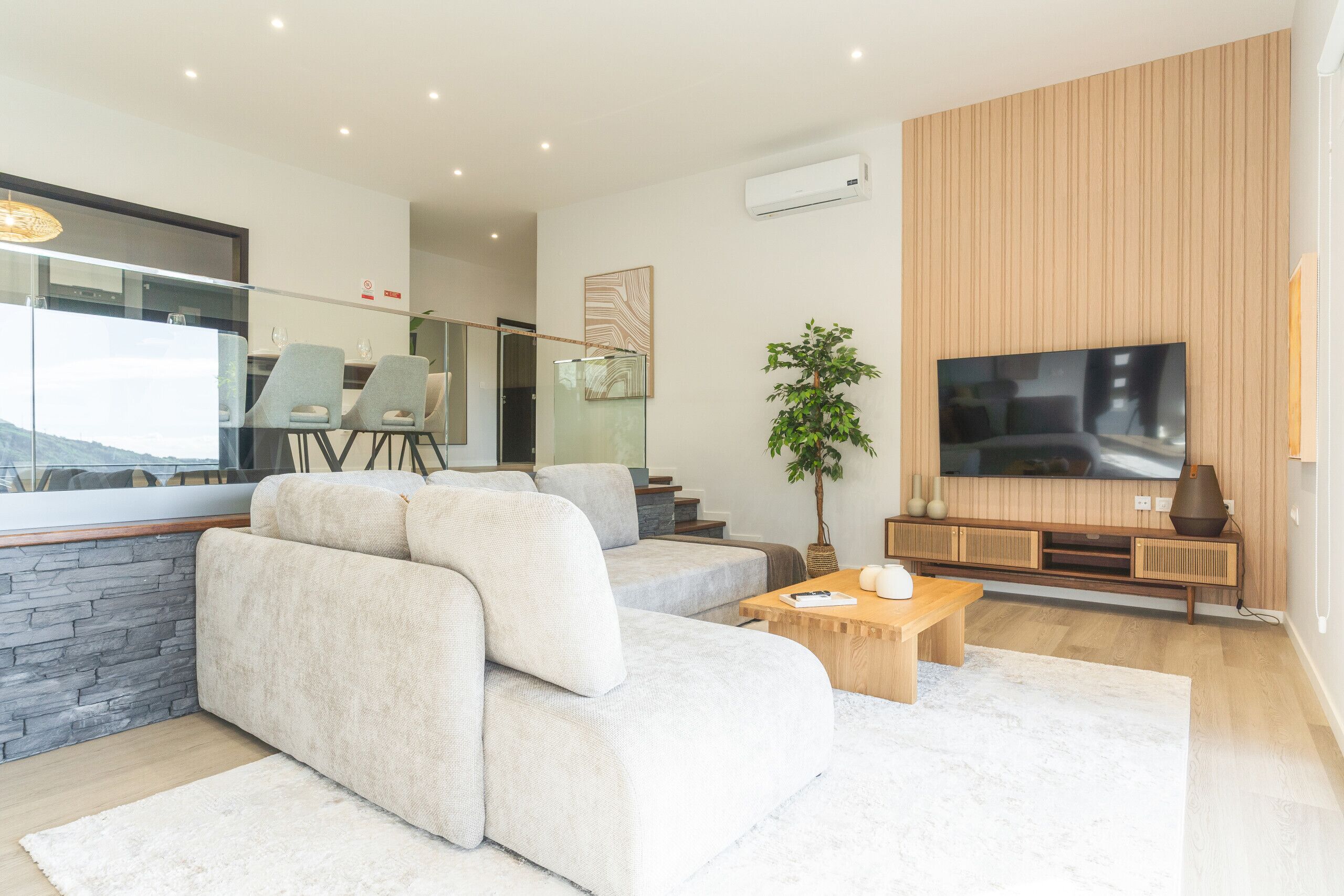 A modern living room with a sofa, coffee table, TV, and a plant.