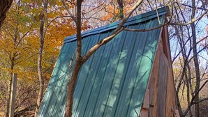 Una cabaña de madera pequeña con techo de metal corrugado verde, rodeada de árboles con follaje otoñal.