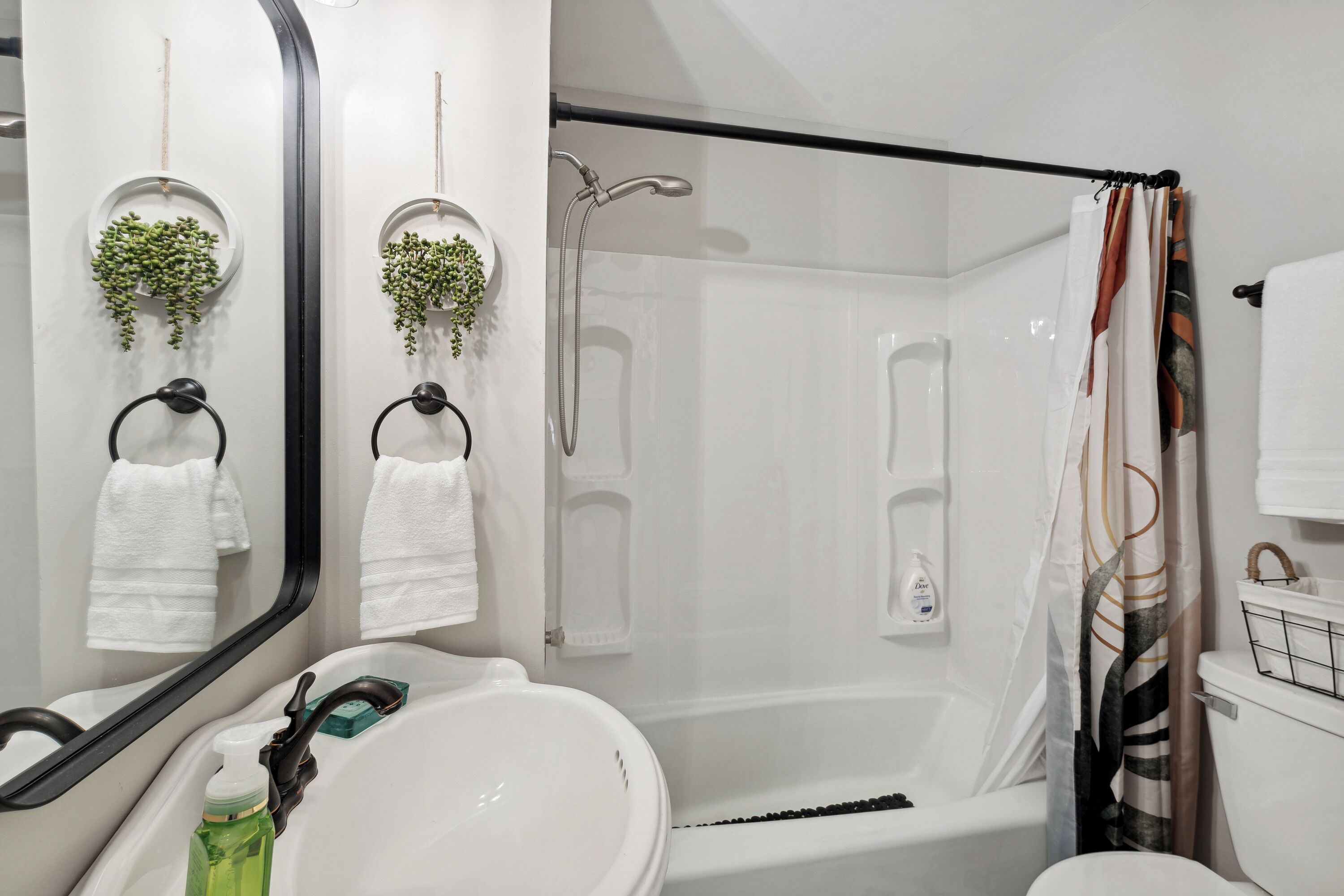 Hair dryer, towels, soap, shampoo