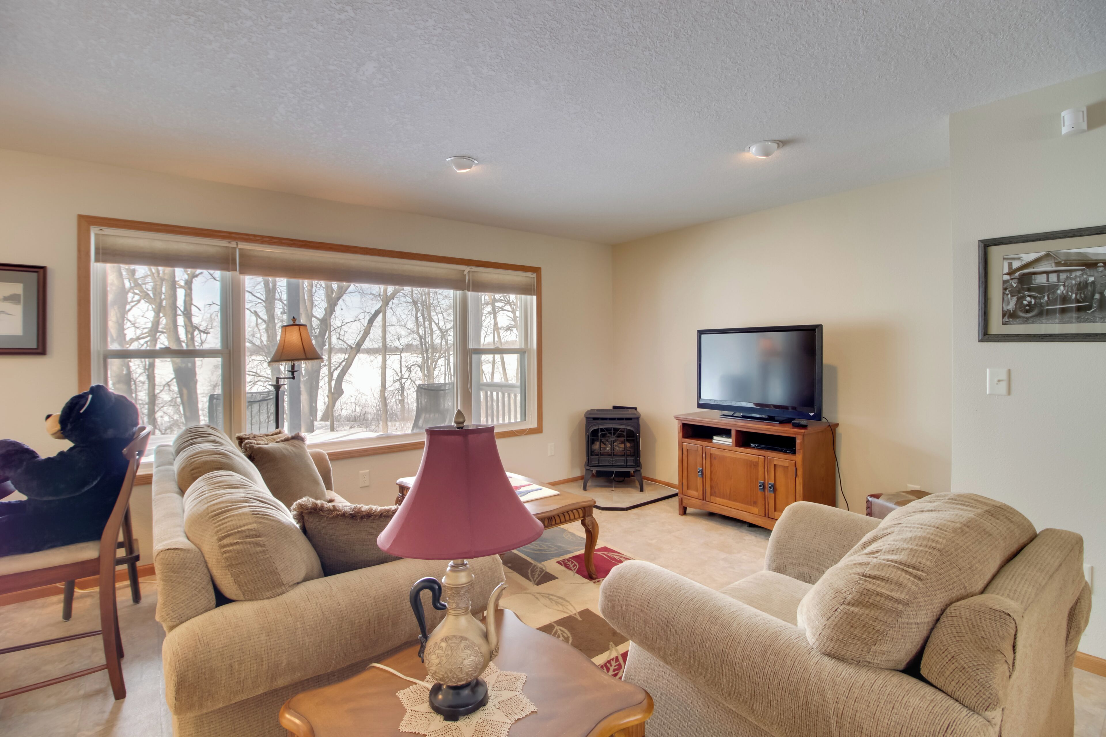 TV, fireplace, books