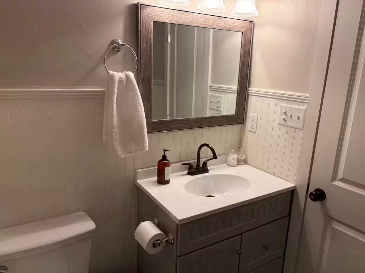 Hair dryer, towels, soap, toilet paper