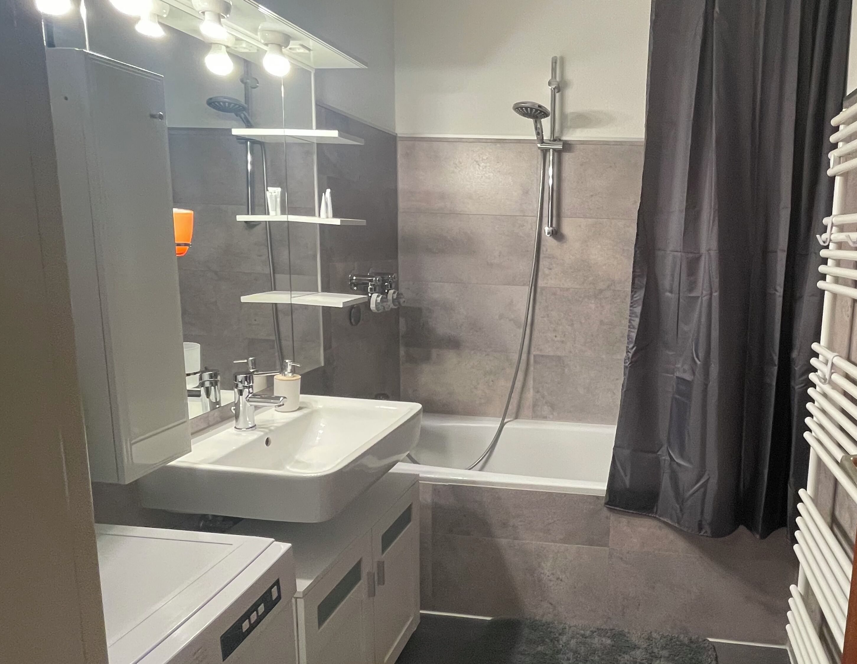 Hair dryer, towels, soap, shampoo