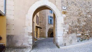 Une ruelle étroite pavée, bordée de bâtiments historiques aux murs de pierre et aux portes en arc de cercle.