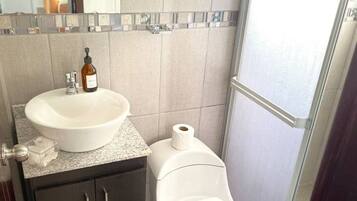 Shower, towels, soap, toilet paper