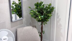 Une pièce avec un fauteuil beige, une petite plante en pot et un ventilateur blanc.