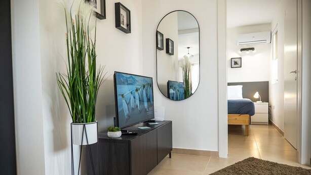 A modern living room with a flat-screen TV, a large mirror, and a potted plant. - Rosie - Two Bedroom Apartment (Pietà)