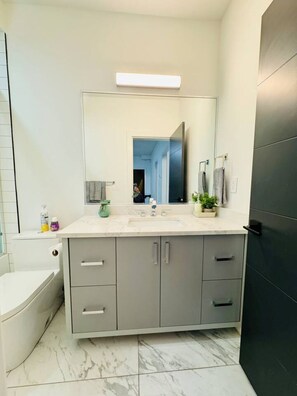 Shower, hair dryer, soap