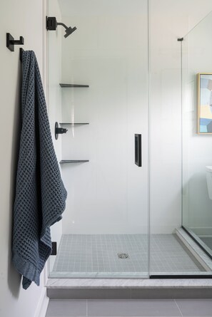 Hair dryer, towels, soap, toilet paper