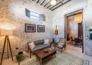 Family House, 2 Bedrooms, Private Pool | Living area - Casa Bolero Santa Lucia, with Parking by Cercana (Mérida)