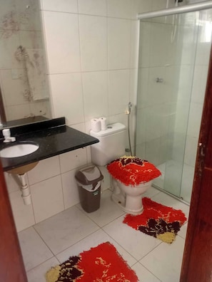 Hair dryer, towels, soap, toilet paper