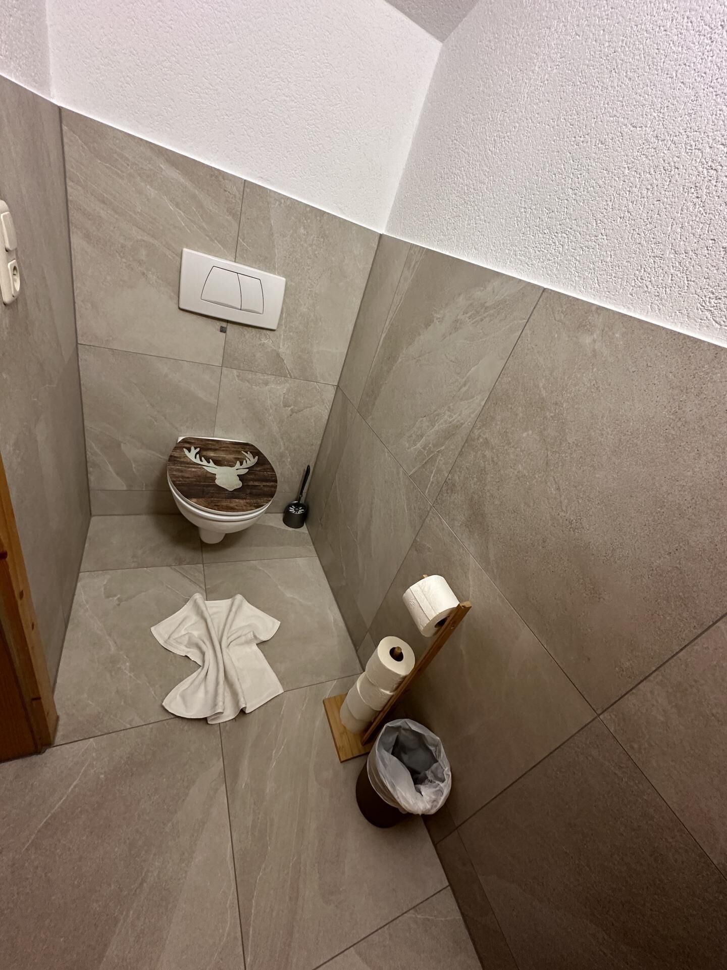 A bathroom with a toilet, a toilet paper holder, a trash bin, and a towel on the floor.