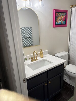 Hair dryer, towels, soap, toilet paper