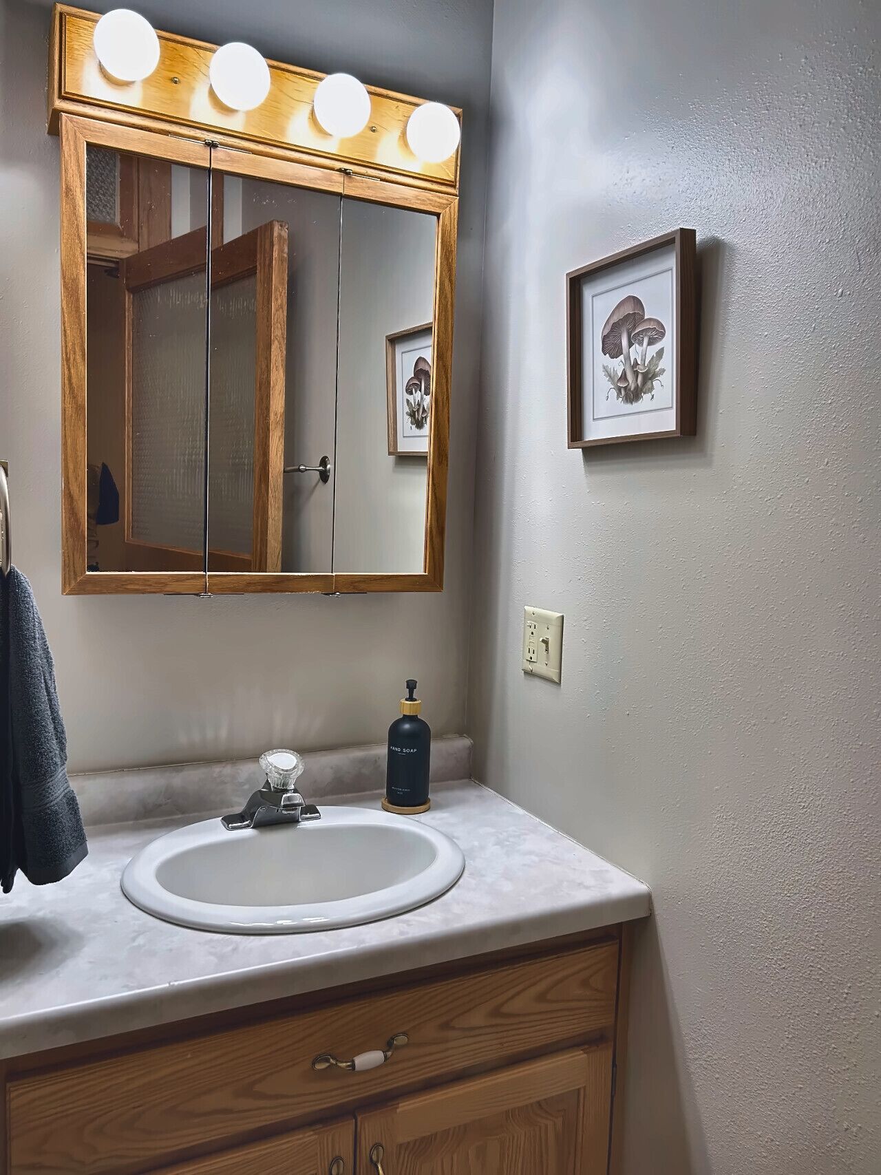 Un baño con tocador de madera, un espejo grande con luces, un lavamanos y un cuadro enmarcado con setas en la pared.