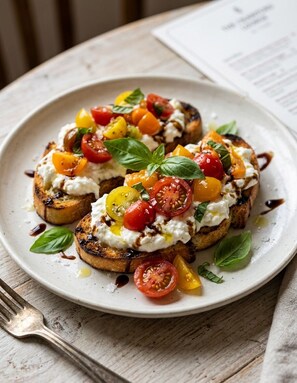Une assiette de bruschettas garnies de tomates, de mozzarella et de basilic.
