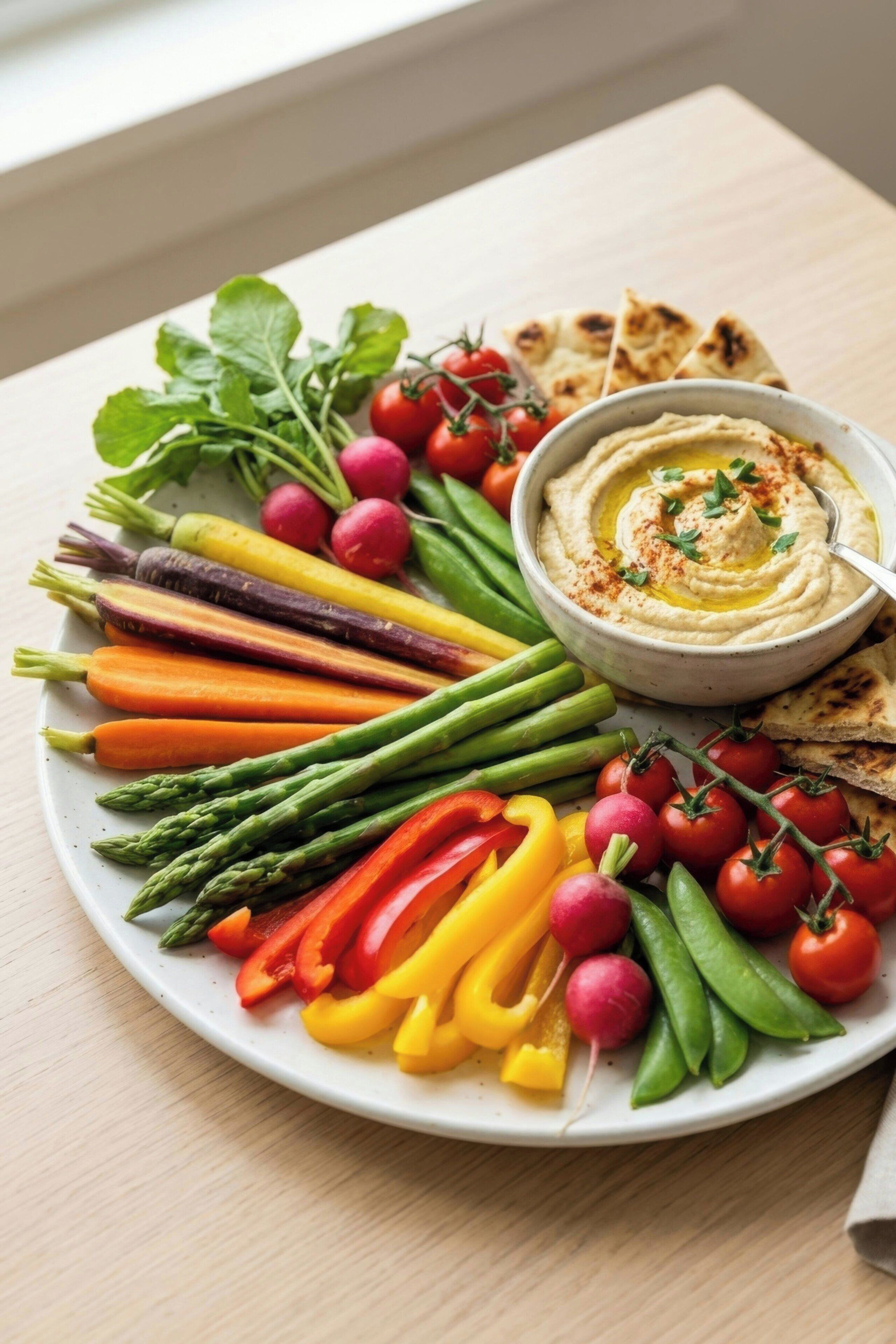 A plate of assorted vegetables and a bowl of hummus with pita bread.