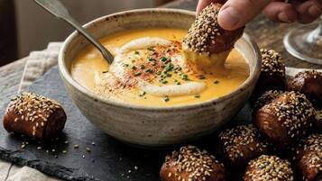 A bowl of soup with a spoon, surrounded by bread rolls with sesame seeds, on a dark slate surface.