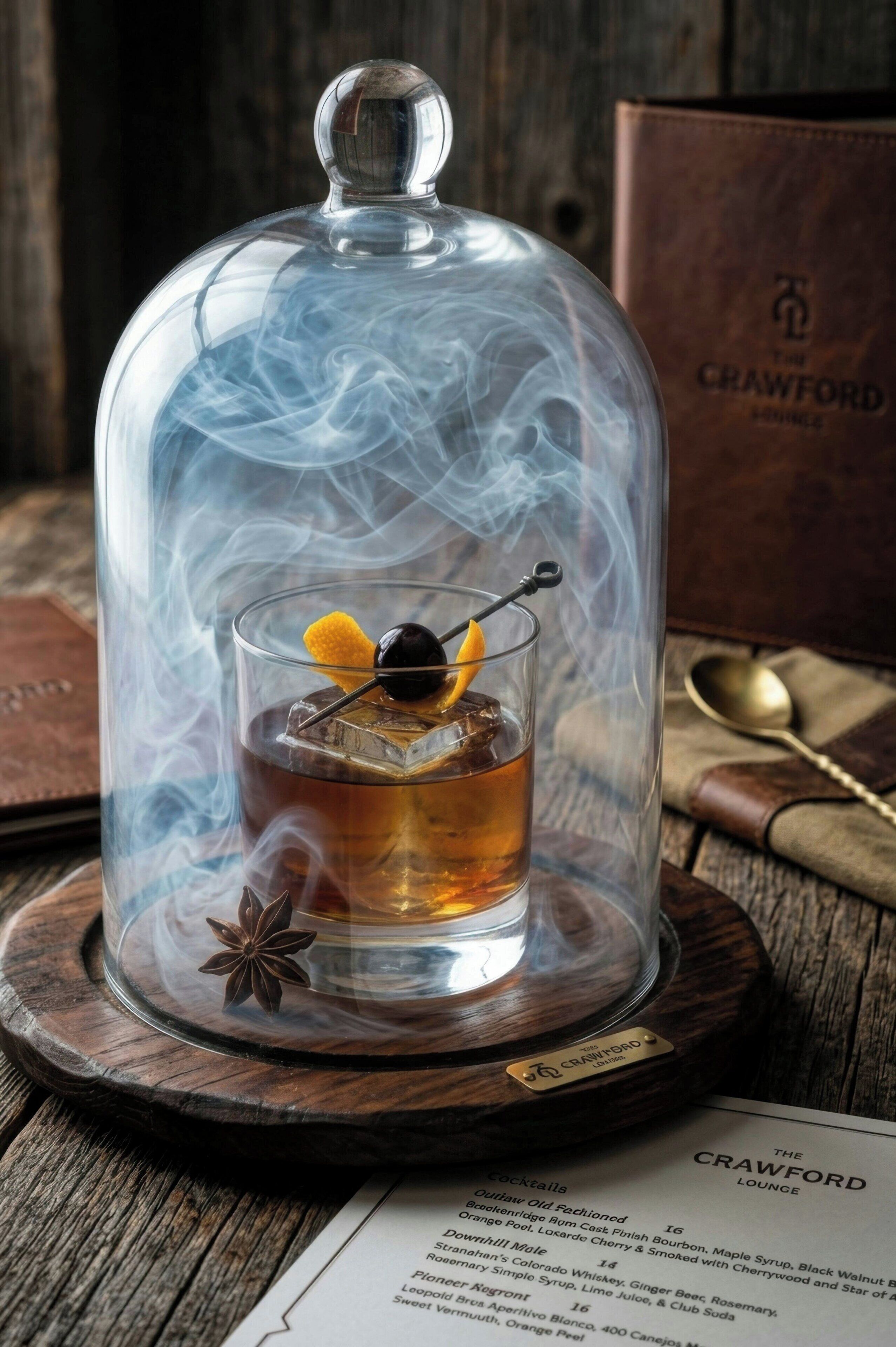 Un verre contenant un liquide ambré, garni d’une cerise et d’un zeste d’orange, placé sous un cloche de verre qui laisse échapper de la fumée, le tout posé sur un sous-verre en bois.