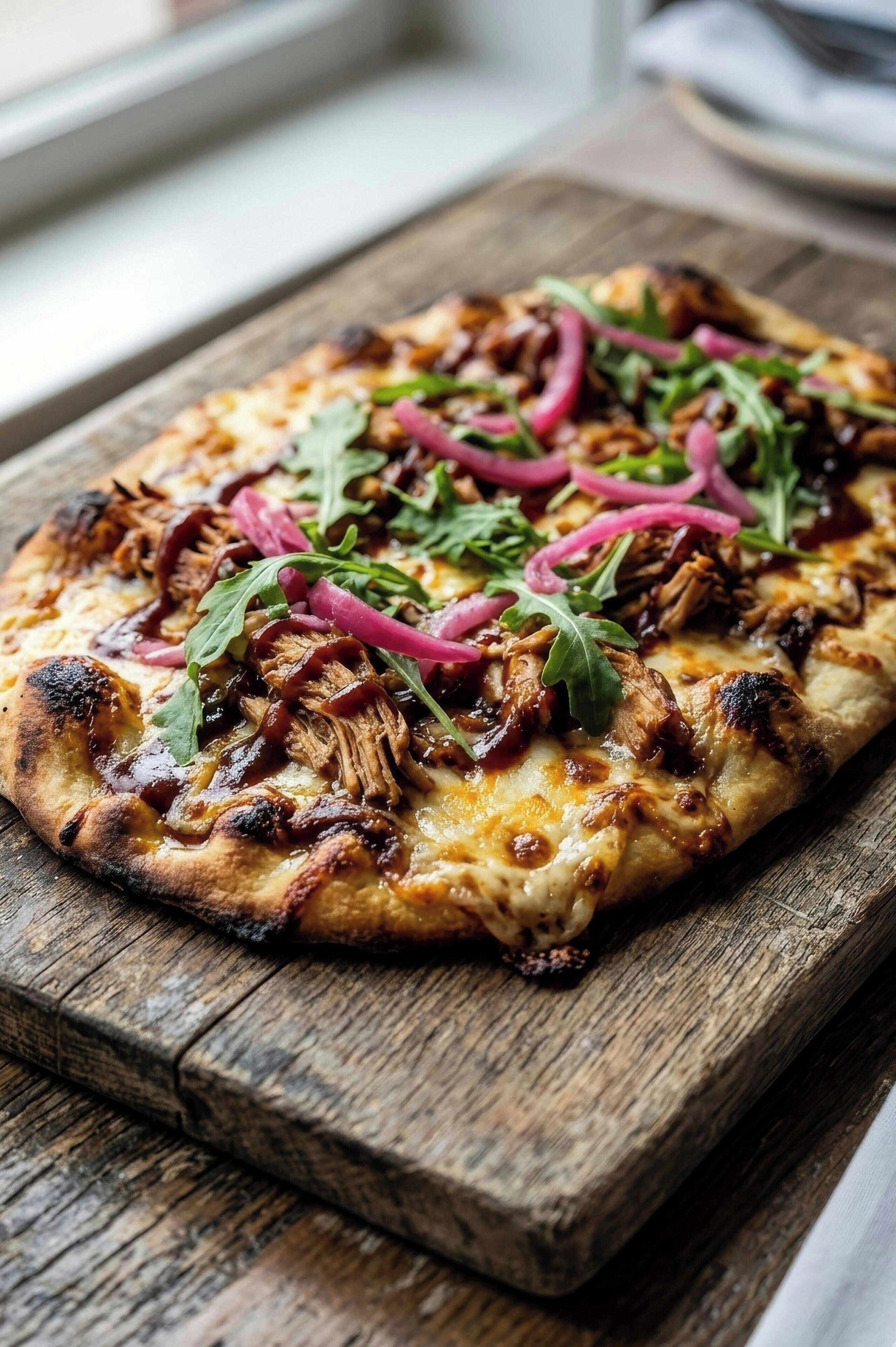 A pizza on a wooden board.