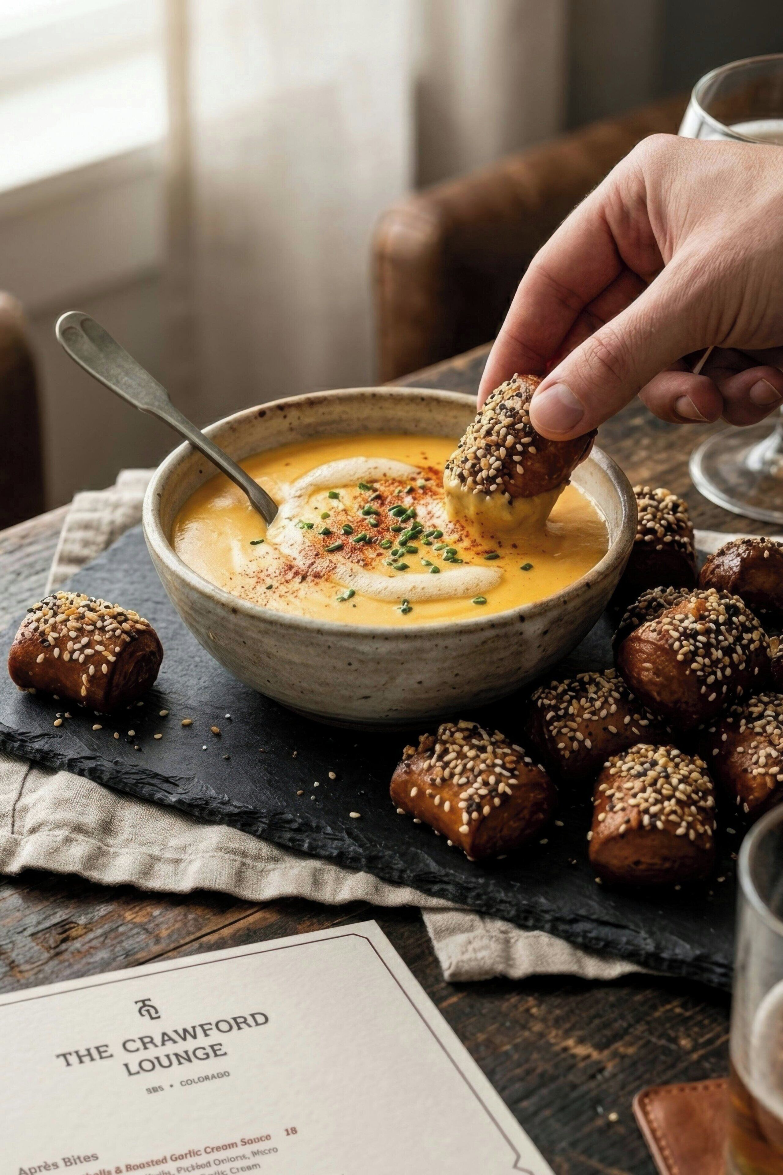 A bowl of soup with a spoon, surrounded by bread rolls with sesame seeds, on a table with a menu.